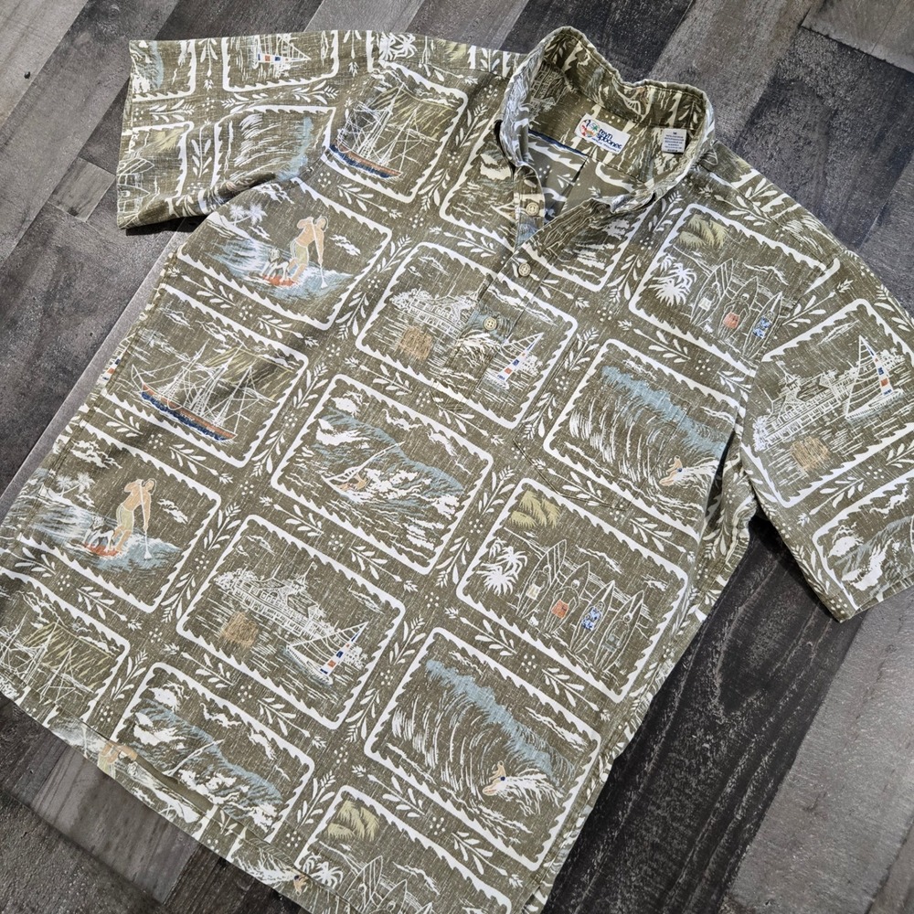 Vintage Reyn Spooner Monterey Bay Popover Aloha Med Olive Green Reverse Print